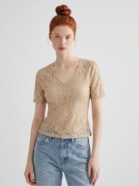 Vintage I.N Studio Sheer Lace Cottage Short Sleeve Top in Beige. Made in USA. S
